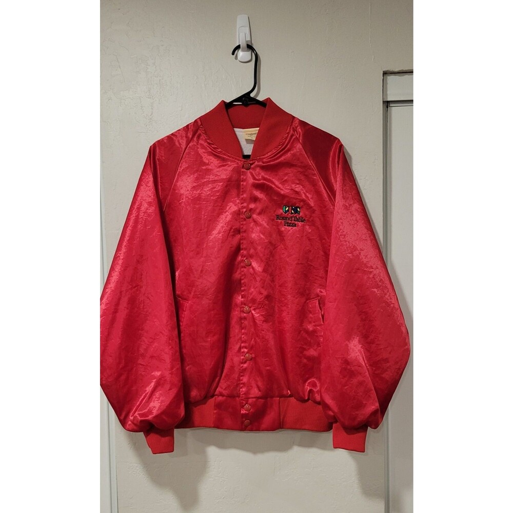VINTAGE 80s ROUND TABLE ADULT MENS SATIN JACKET USA RED SIZE XL RARE